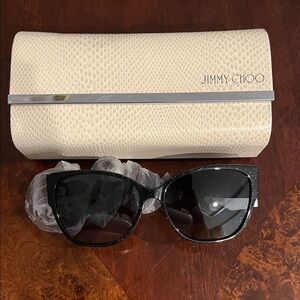 NWT Jimmy Choo Black Sparkly Sunglasses with Cream Snakeskin Case